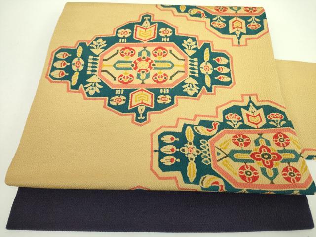 平和屋着物●九寸名古屋帯　型染　抽象花鳥文　鬼しぼ縮緬　正絹　逸品　未使用　DABB7738op 平和屋着物○九寸名古屋帯 型染 抽象花鳥文 鬼しぼ縮緬 正絹 逸品 未