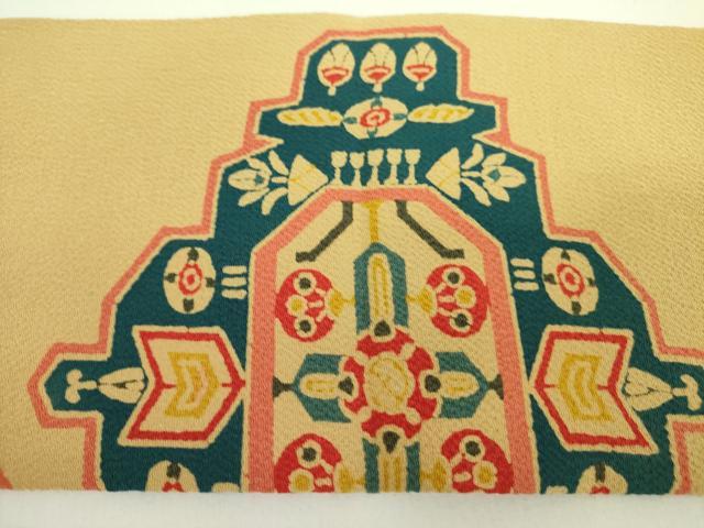 平和屋着物●九寸名古屋帯　型染　抽象花鳥文　鬼しぼ縮緬　正絹　逸品　未使用　DABB7738op 平和屋着物○九寸名古屋帯 型染 抽象花鳥文 鬼しぼ縮緬 正絹 逸品 未