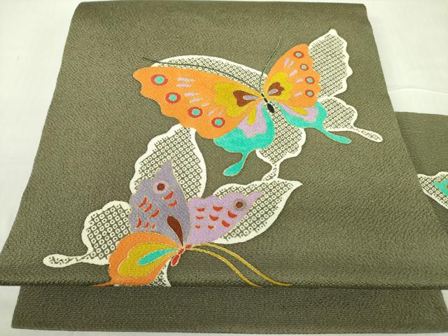 平和屋着物●九寸名古屋帯　型染　舞蝶文　金彩　鬼しぼ縮緬　正絹　逸品　未使用　DABB7783op