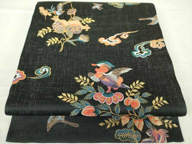 平和屋着物●ファッションデザイナー　HIROKO KOSHINO　コシノヒロコ　六通柄袋帯　花鳥文　黒地　金糸　正絹　逸品　DABB7786op