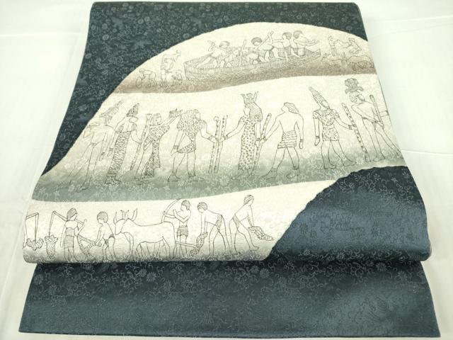 平和屋着物●樋熊哲也　太鼓柄袋帯　エジプト壁画　金通し地　正絹　逸品　未使用　DABB7803op