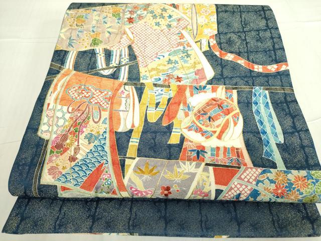 平和屋着物●太鼓柄袋帯　作家物　刺繍　誰が袖花文　金彩　金通し地　正絹　逸品　未使用　DABB7875op