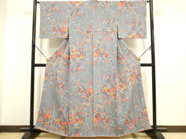 平和屋着物●上質な小紋　型染　花鳥文　鬼しぼ縮緬　正絹　逸品　DABB9712du_1