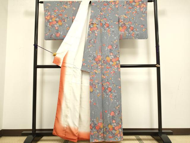平和屋着物●上質な小紋　型染　花鳥文　鬼しぼ縮緬　正絹　逸品　DABB9712du_2