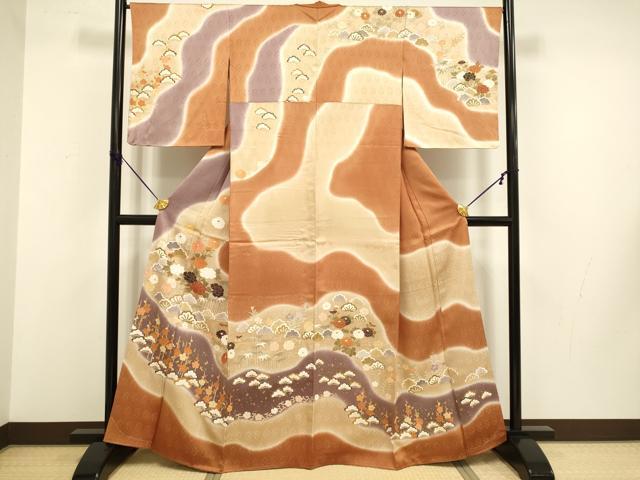 平和屋着物●訪問着　草花文　松竹梅　暈し染め　金彩　正絹　逸品　未使用　DABB9758du