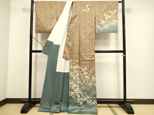 平和屋着物●訪問着　駒刺繍　枝花文　暈し染め　金彩　正絹　逸品　DABB9778du_1
