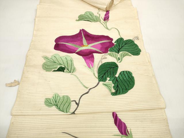 平和屋着物＊夏物　アンティーク　大正ロマン　名古屋帯　帯反物　総刺繍　朝顔　アサガオ　銀糸　逸品　未使用　DABC1233zzz