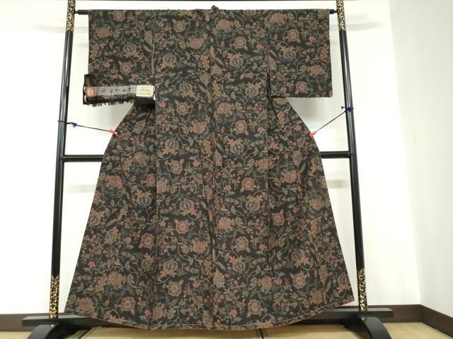 平和屋着物●小千谷紬　まゆつむぎ　更紗花唐草文　証紙付き　背抜き仕立て　正絹　逸品　未使用　DABC2016ud_1