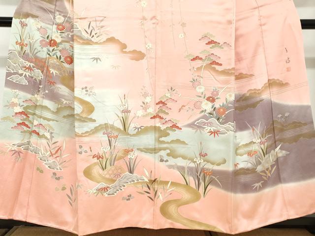 平和屋着物●訪問着　作家物　流水草花籬文　暈し染め　金彩　正絹　逸品　DABC2023ud 平和屋着物○訪問着 作家物 流水草花籬文 暈し染め 金彩 正絹 逸品
