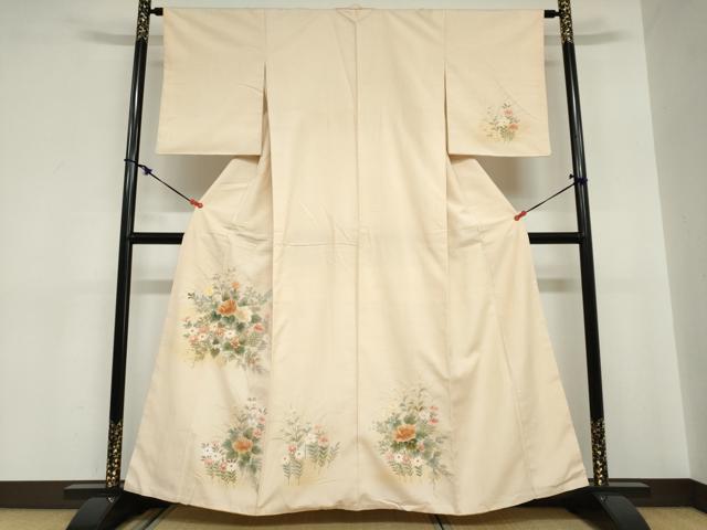 平和屋着物●訪問着　紬地　手描き　草花文　正絹　逸品　DABC2032ud