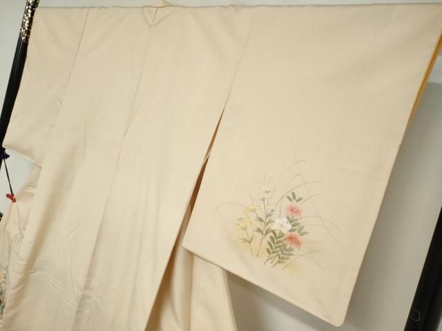 平和屋着物●訪問着　紬地　手描き　草花文　正絹　逸品　DABC2032ud_2
