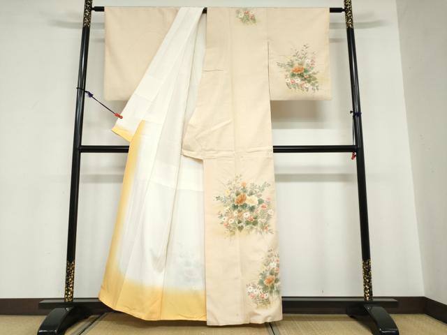 平和屋着物●訪問着　紬地　手描き　草花文　正絹　逸品　DABC2032ud_1