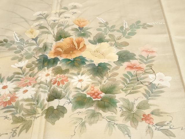 平和屋着物●訪問着　紬地　手描き　草花文　正絹　逸品　DABC2032ud_5