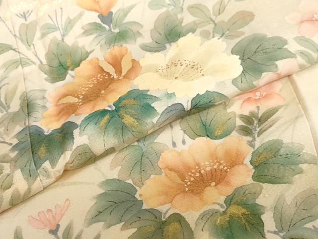 平和屋着物●訪問着　紬地　手描き　草花文　正絹　逸品　DABC2032ud_6