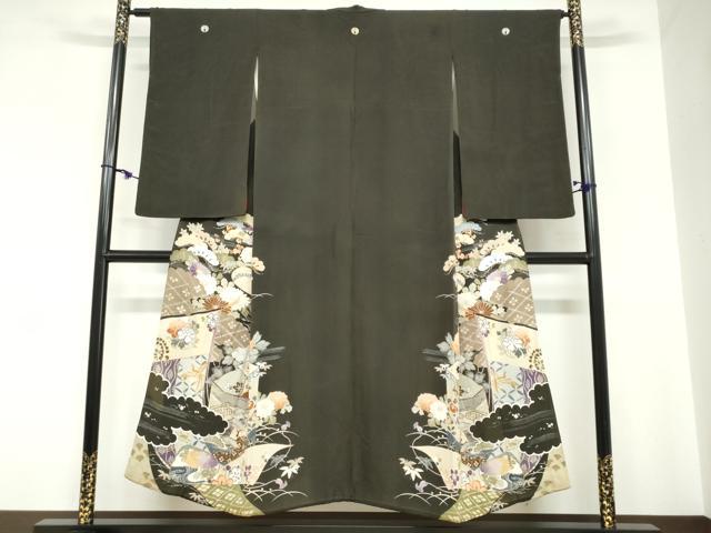 平和屋着物●アンティーク　大正ロマン　黒留袖　駒刺繍　貝桶草花文　正絹　逸品　DABC2037ud