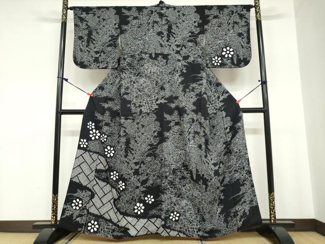 平和屋着物●訪問着　絞り　流水草花文　黒地　正絹　逸品　DABC2056ud 平和屋着物○訪問着 絞り 流水草花文 黒地 正絹 逸品 DABC2056ud