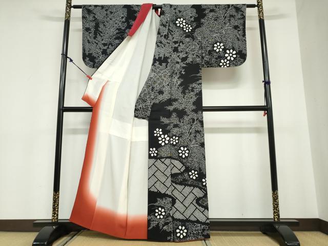 平和屋着物○訪問着 絞り 流水草花文 黒地 正絹 逸品 DABC2056ud