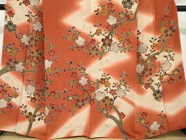 平和屋着物●訪問着　型染め　枝梅文　暈し染め　鬼しぼ縮緬　正絹　逸品　DABC2059ud 平和屋着物○訪問着 型染め 枝梅文 暈し染め 鬼しぼ
