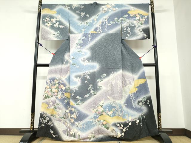 平和屋着物●訪問着　流水草花文　暈し染め　金彩　金通し地　正絹　逸品　DABC2192ud