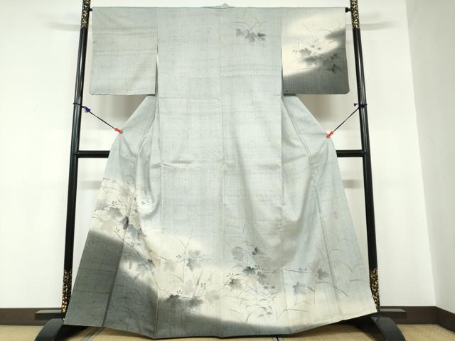 平和屋着物●訪問着　作家物　生紬　手描き　草花文　金彩　正絹　逸品　DABC2205ud