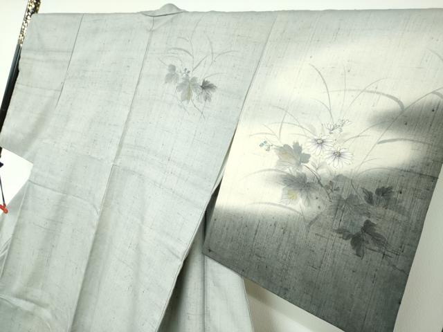 平和屋着物●訪問着　作家物　生紬　手描き　草花文　金彩　正絹　逸品　DABC2205ud_2