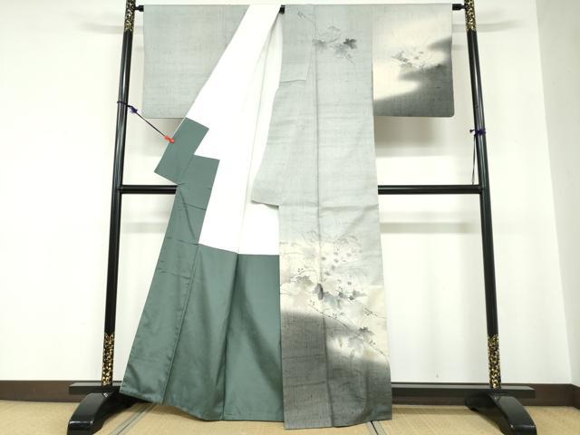 平和屋着物●訪問着　作家物　生紬　手描き　草花文　金彩　正絹　逸品　DABC2205ud_1