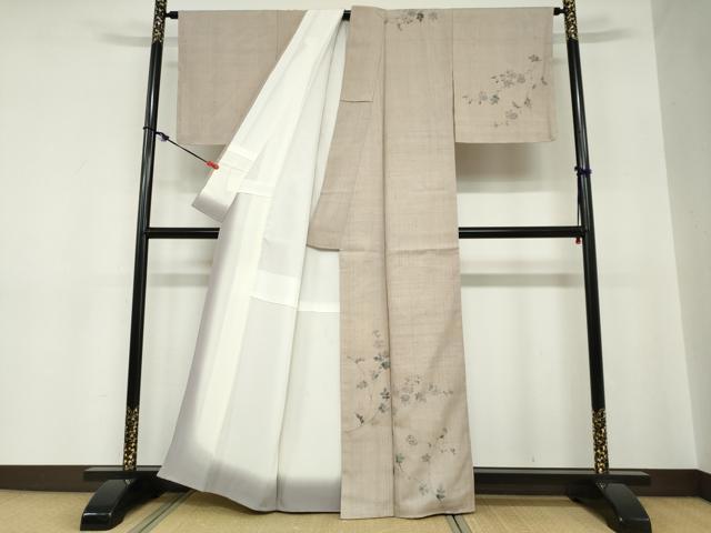 平和屋着物●訪問着　紬地　手描き　草花文　正絹　逸品　DABC2242ud_1
