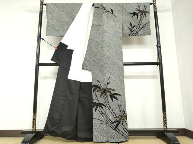平和屋着物●訪問着　総絞り　笹竹文　黒地　金彩　正絹　逸品　DABC2354ud_1