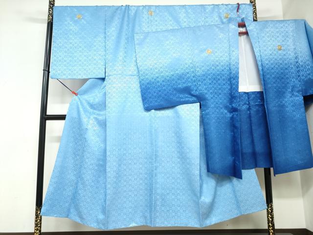 平和屋着物●男性　色紋付　長羽織セット　宝尽くし格子地紋　天色　キングサイズ　洗える着物　DABC2370ud