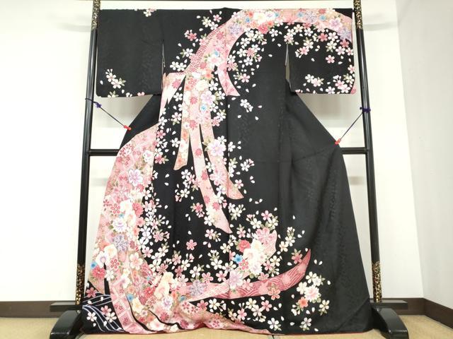 平和屋着物○訪問着 駒刺繍 熨斗草花文 黒地 金彩 正絹 逸品