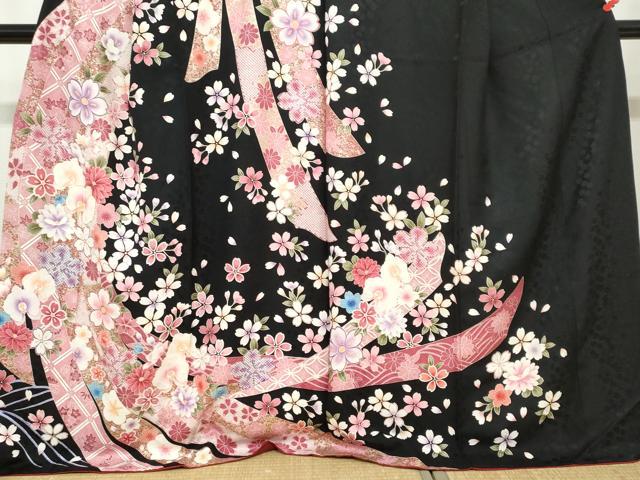 平和屋着物○訪問着 駒刺繍 熨斗草花文 黒地 金彩 正絹 逸品