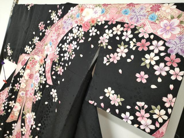 平和屋着物○訪問着 駒刺繍 熨斗草花文 黒地 金彩 正絹 逸品