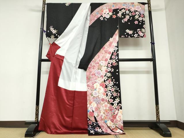 平和屋着物○訪問着 駒刺繍 熨斗草花文 黒地 金彩 正絹 逸品