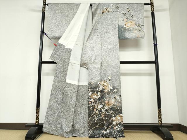 平和屋着物●訪問着　地紙草花文　たたき染め　金彩　正絹　逸品　DABC2406ud_1