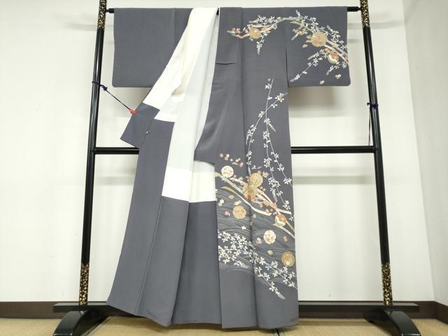 平和屋着物●訪問着　駒刺繍　流水雪輪草花文　金彩　松坂屋扱い　正絹　逸品　DABC2418ud_1