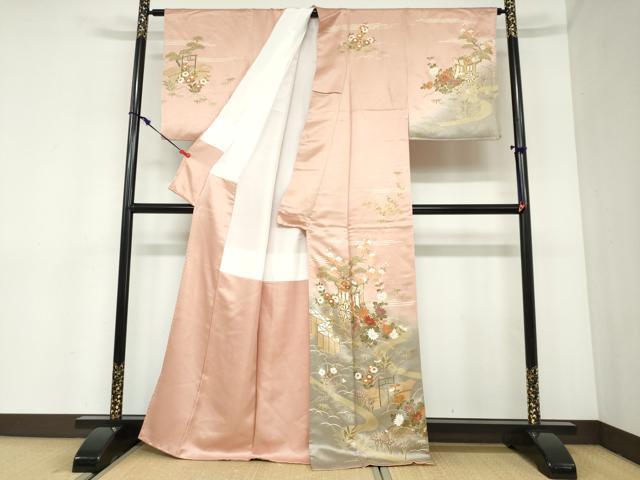 平和屋着物●訪問着　作家物　流水御所車草花文　暈し染め　金彩　正絹　逸品　DABC2487ud_1