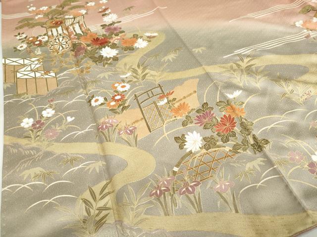 平和屋着物●訪問着　作家物　流水御所車草花文　暈し染め　金彩　正絹　逸品　DABC2487ud_4