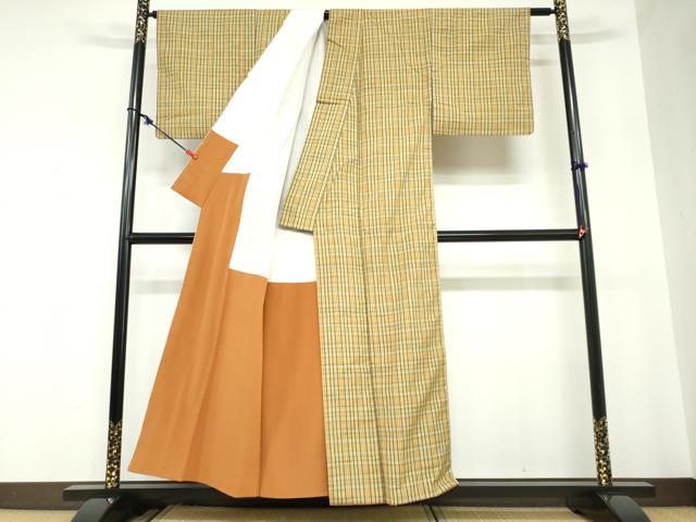 平和屋着物●郡上紬　草木染　変わり格子文　正絹　逸品　DABC2513ud 平和屋着物○郡上紬 草木染 変わり格子文 正絹 逸品 DABC2513udの通販