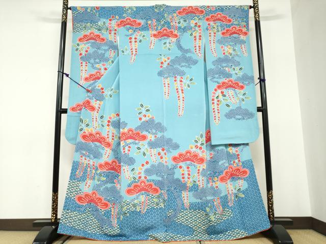 平和屋着物●和染紅型　栗山紅型　栗山吉三郎　振袖　エ霞藤松文　鬼しぼ縮緬　正絹　逸品　DABC2561ud