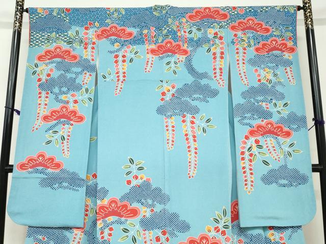平和屋着物○和染紅型 栗山紅型 栗山吉三郎 振袖 エ霞藤松文 鬼しぼ