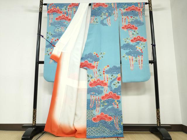 平和屋着物○和染紅型 栗山紅型 栗山吉三郎 振袖 エ霞藤松文 鬼しぼ