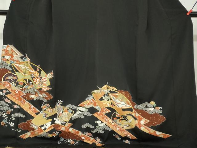 平和屋着物●豪華黒留袖　駒刺繍　双鶴菱草花文　金彩　ロング丈　正絹　逸品　DABC2620ud_2