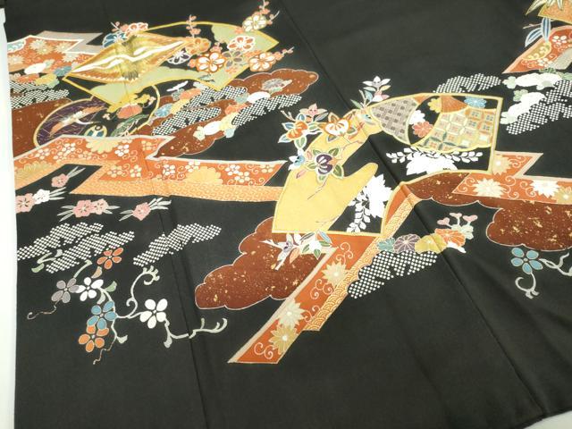 平和屋着物●豪華黒留袖　駒刺繍　双鶴菱草花文　金彩　ロング丈　正絹　逸品　DABC2620ud_3