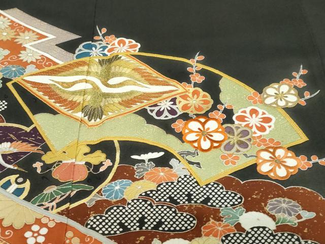 平和屋着物●豪華黒留袖　駒刺繍　双鶴菱草花文　金彩　ロング丈　正絹　逸品　DABC2620ud_4
