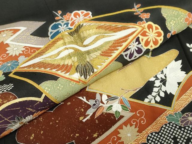 平和屋着物●豪華黒留袖　駒刺繍　双鶴菱草花文　金彩　ロング丈　正絹　逸品　DABC2620ud_5