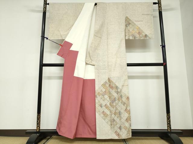 平和屋着物●訪問着　紬地　菱文　金彩　正絹　逸品　DABC2624ud_1