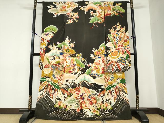 平和屋本店●アンティーク　大正ロマン　振袖　駒刺繍　扇面御所車飛鶴草花文　黒地　金彩　正絹　逸品　DABC2625ud