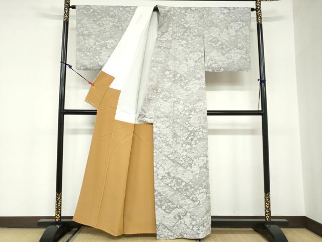 平和屋着物●山岡古都・古都染人　染織美術品　薬墨染　天目織　お召　草花文　正絹　逸品　DABC2688ud_2