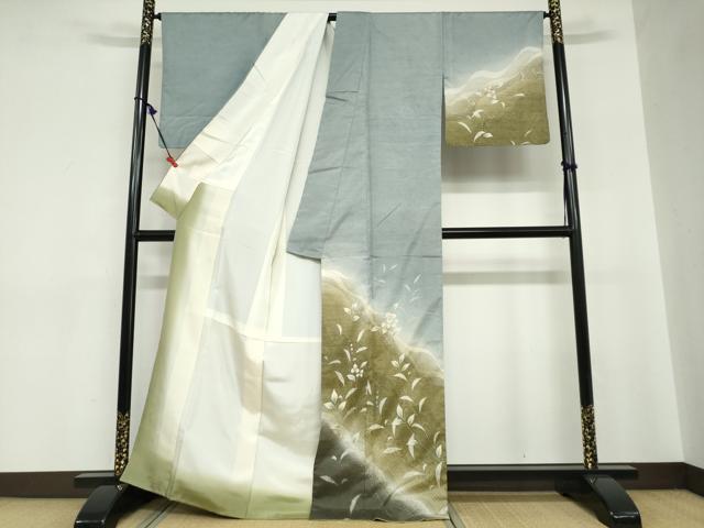 平和屋着物●訪問着　紬地　絞り　草花文　正絹　逸品　DABC2700ud_1