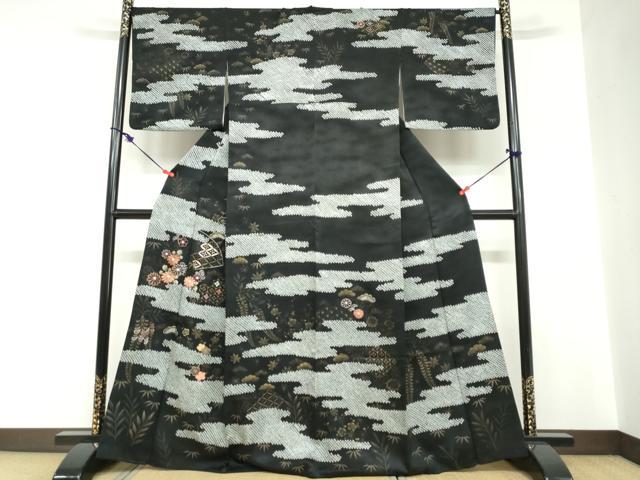 平和屋着物●訪問着　絞り　手描き　刺繍　エ霞吉祥草花文　黒地　金彩　正絹　逸品　DABC2705ud